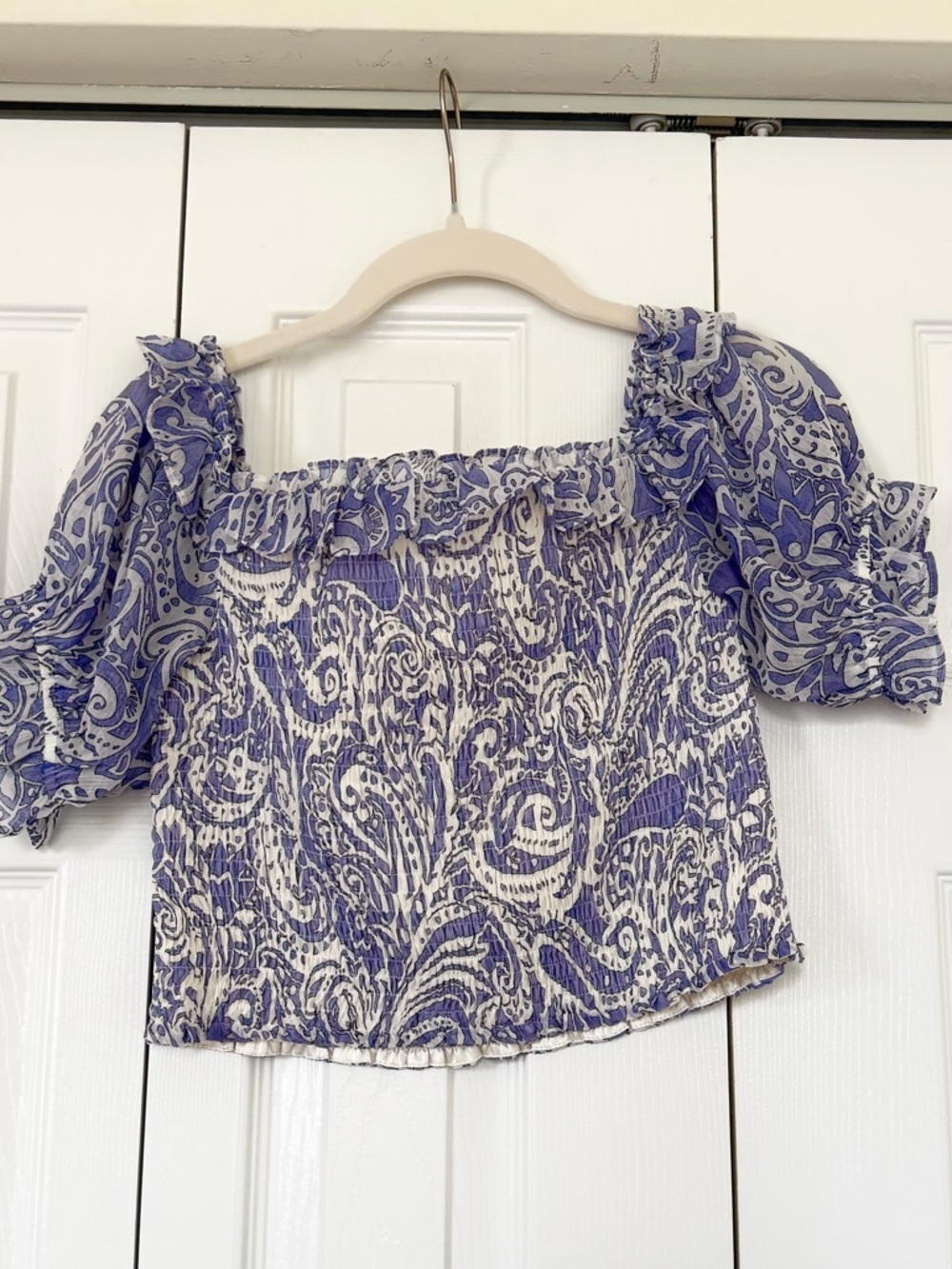 Express Lavender Paisley Smocked Off-Shoulder Crop Top